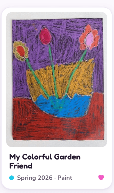 A single artwork card in ArtCubbies showing an AI-generated title, the season it was made, and the medium