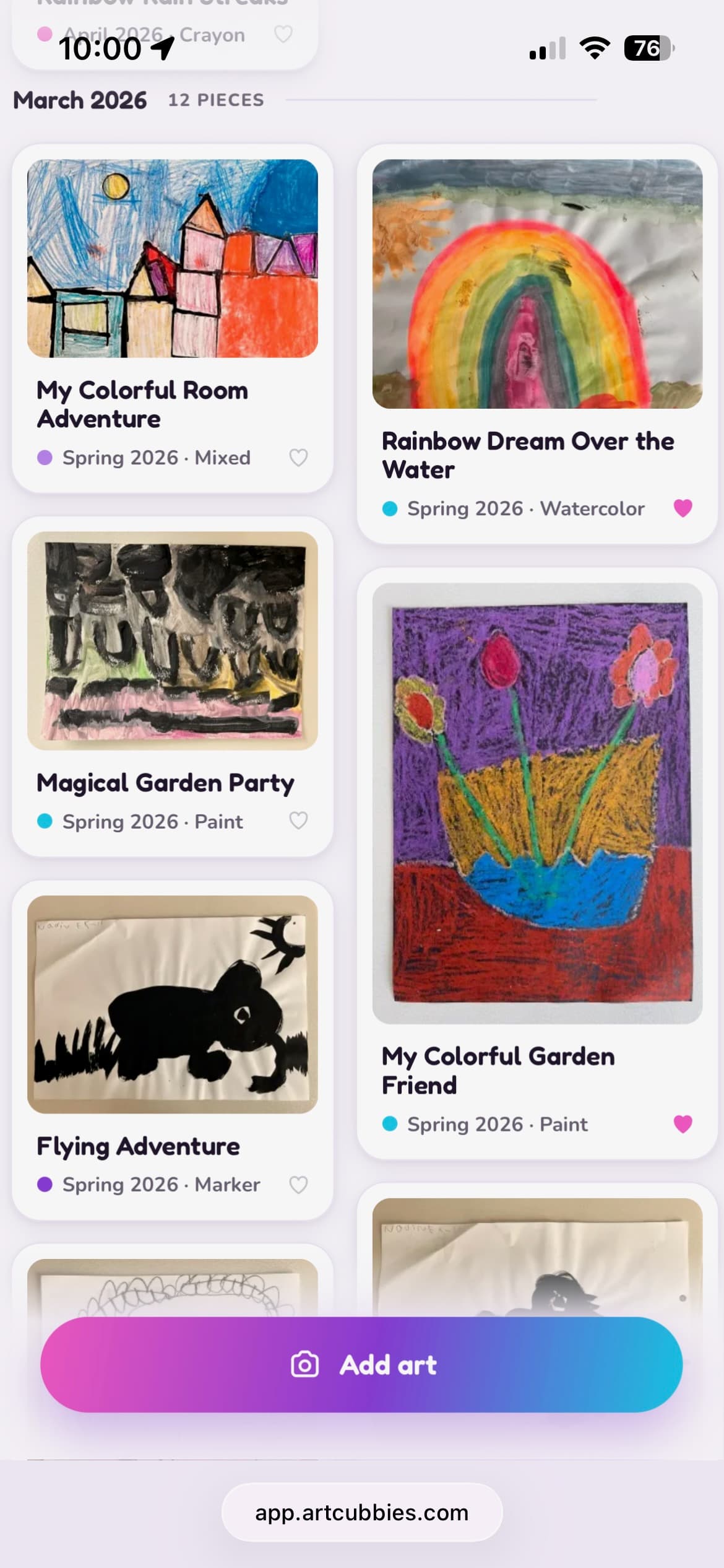 The ArtCubbies gallery on a phone, showing a child's artwork organized by month with titles, dates, and medium